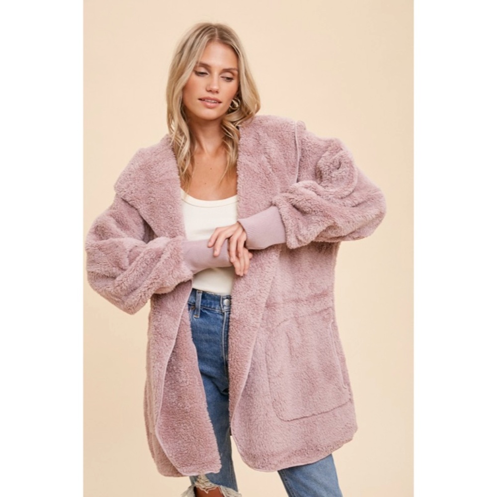 SOLD OUT Dusty Lilac Soft Faux Fur Fleece Plush One Size Hooded Cardigan Jacket - Picture 1 of 1